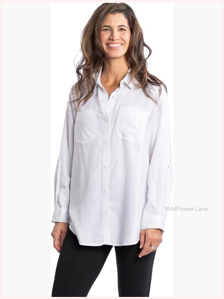 Long Roll-Tab Sleeve Snap Front Lyocell Denim Shirt